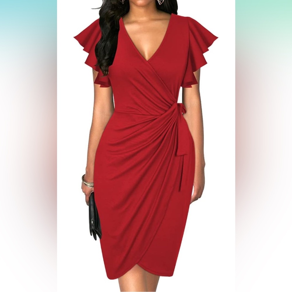 Women’s deep v neck ruffle sleeve sheath faux wrap dress